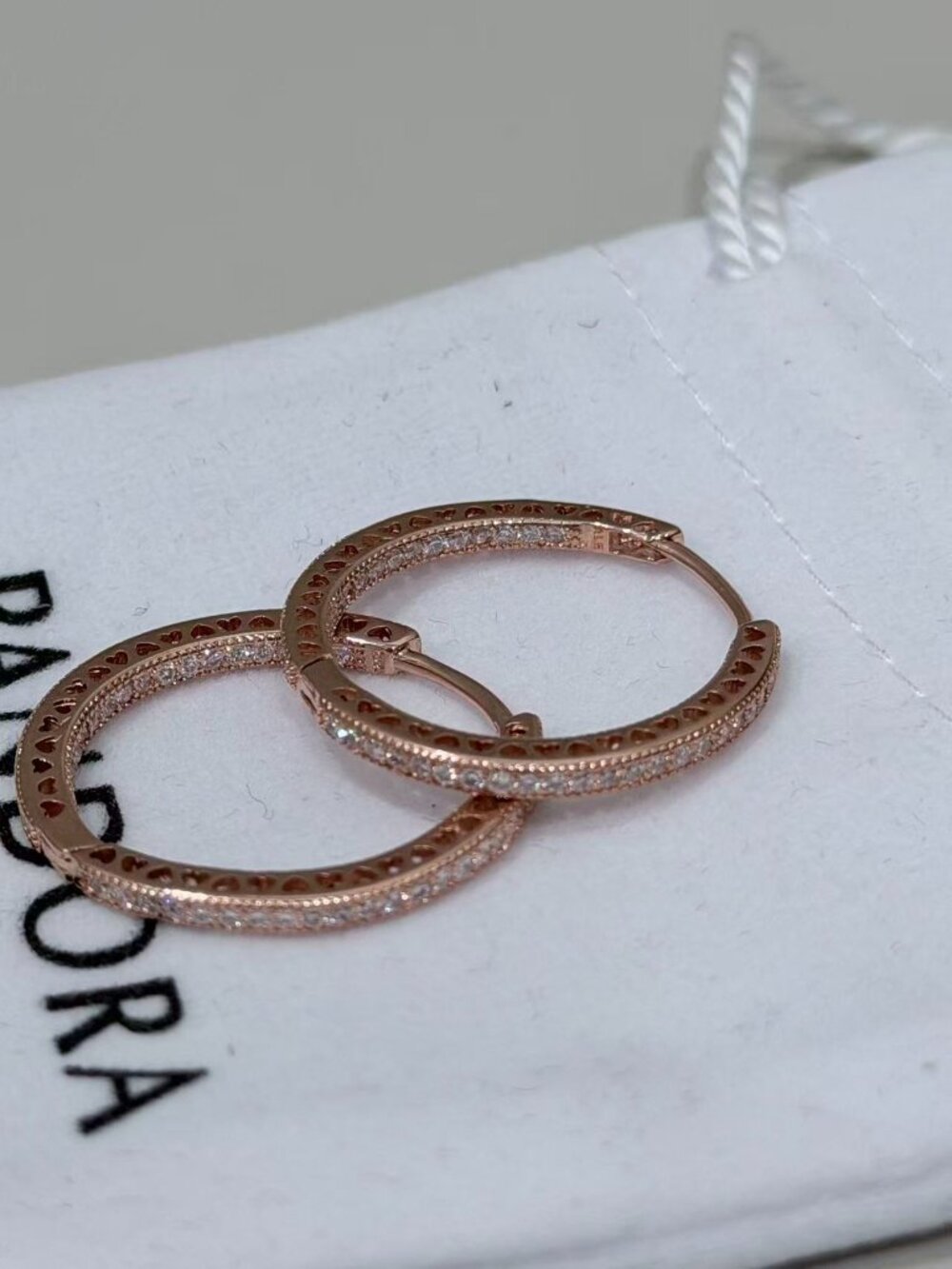 Pandora Rose Gold Tone Paved Crystal Hoop Earrings